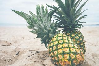 Two pineapple fruits near body of water